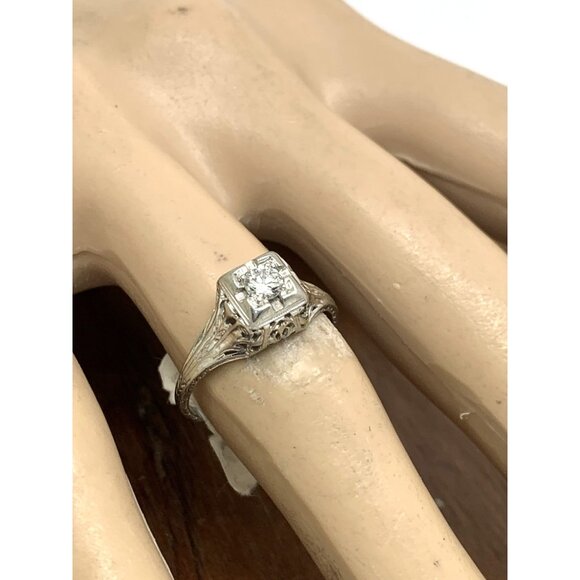 18k White Gold Filigree Diamond Ring 0.25 Carat Antique Estate Jewelry Size 7 - Picture 6 of 16